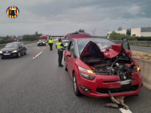 Así quedó un coche en Alberic tras chocar con una cabra montesa 7 2365 impacto coche