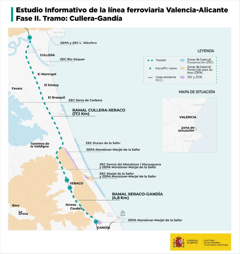 El Govern aprova definitivament el desdoblament ferroviari entre Cullera i Gandia 2 Mapa del tram ferroviari en el què s'intervindrà.