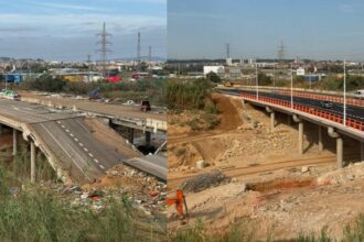 Imagen de la situación en la que quedó el puente de Torrent tras la DANA, y su aspecto actual.