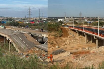 Imagen de la situación en la que quedó el puente de Torrent tras la DANA, y su aspecto actual.