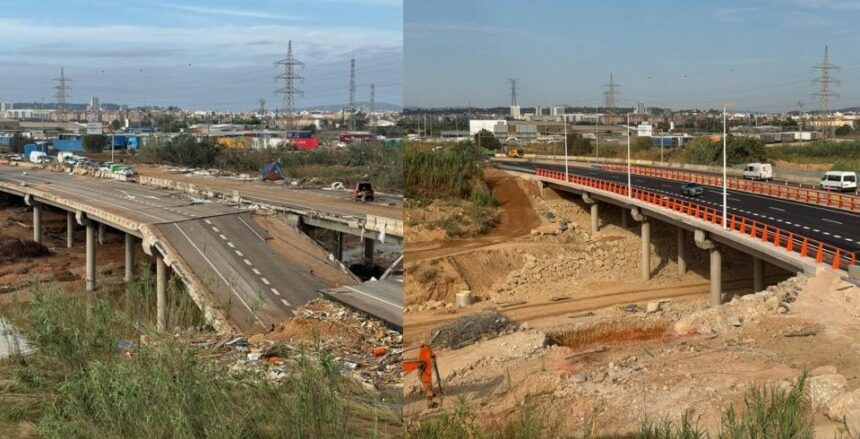 Imagen de la situación en la que quedó el puente de Torrent tras la DANA, y su aspecto actual.