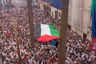 Una bandera de Palestina gigante ha sido desplegada entre el público de la Tomatina de Buñol (foto: @elPCPV)