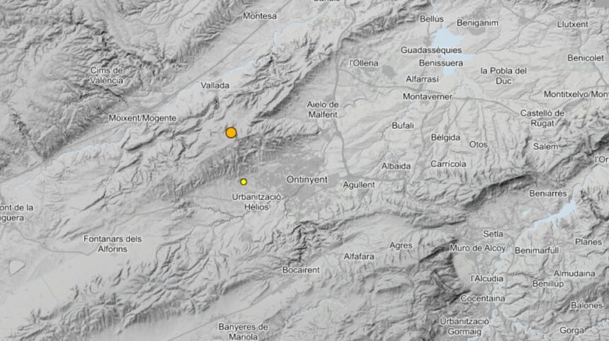Localització dels terratrèmols detectats a Ontinyent i Vallada.