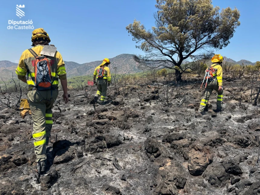 Bomberos trabajan todavía sobre el terreno en Soneja tras el incendio.