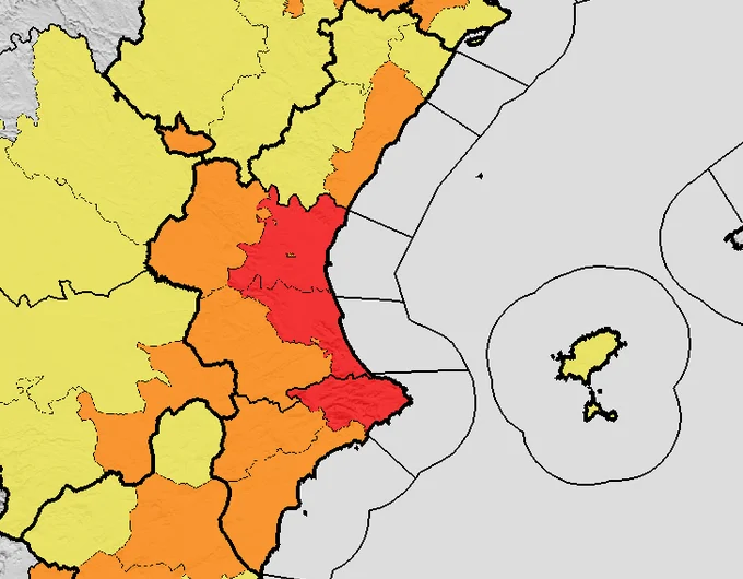 Mapa de alertas en la Comunitat Valenciana para este miércoles 19 de agosto.