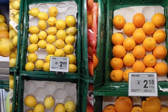 Cítricos en lineales de supermercados.