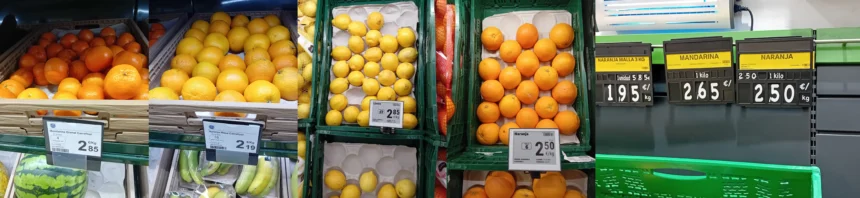 Cítricos en lineales de supermercados.