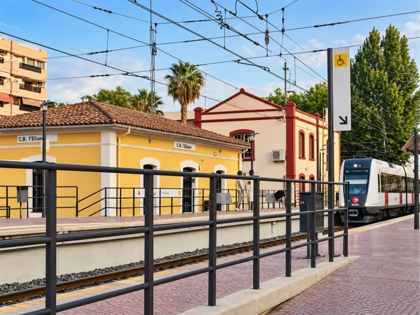 Estación de Metrovalencia de l'Eliana con un tren llegando al andén