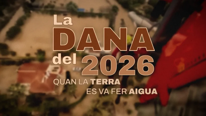 Imatge promocional del reportatge «La dana del 2026. Quan la terra es va fer aigua» d'À Punt, amb una vista aèria d'una zona inundada