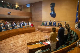 Miembros de la corporación en pie en el salón de plenos de la Diputación de València