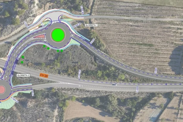 Plano aéreo con las dos glorietas proyectadas en la CV-35 en el acceso a Losa del Obispo