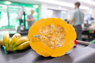 Media calabaza de asar junto a unos plátanos en la cinta de caja de un supermercado Mercadona