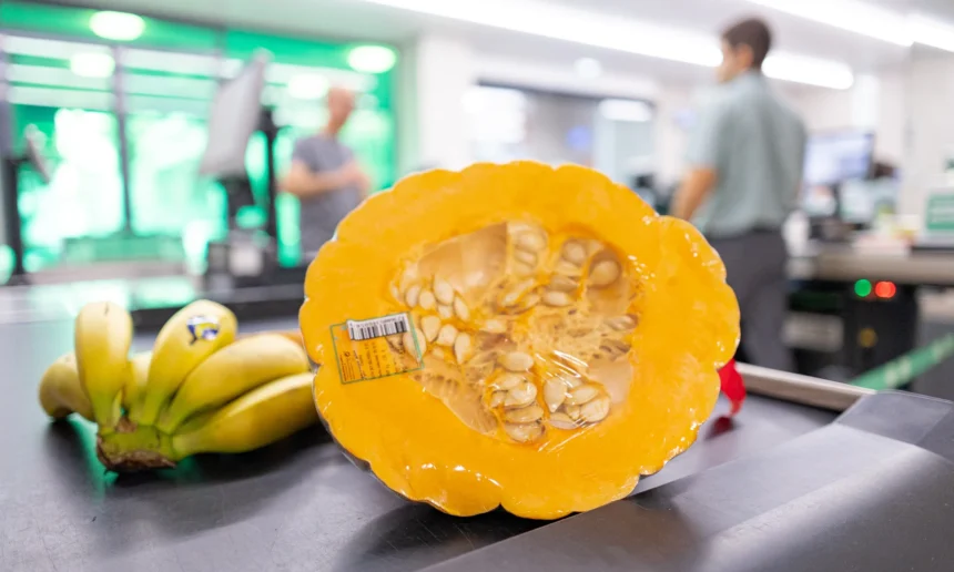Media calabaza de asar junto a unos plátanos en la cinta de caja de un supermercado Mercadona