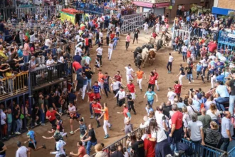 Corredores y público durante un encierro de toros en la Fira d'Onda