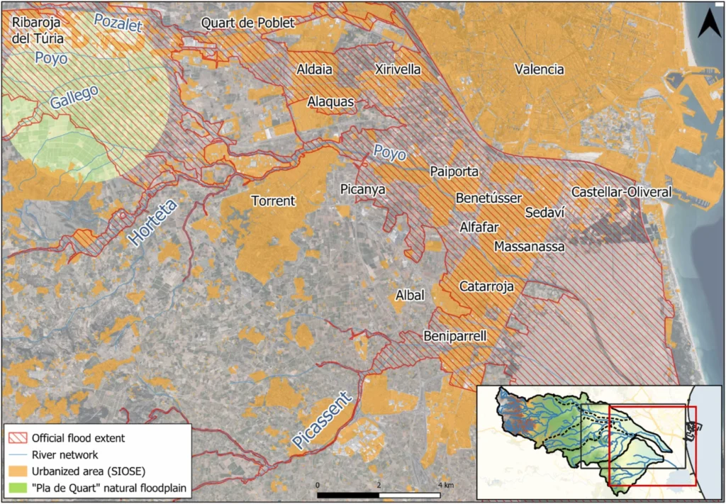 Las crecidas simultáneas de varios barrancos agravaron la riada de 2024 en l’Horta Sud, según un estudio de la UPV 2 Mapa de l’Horta Sud con la extensión oficial de la inundación, la red fluvial y las zonas urbanizadas