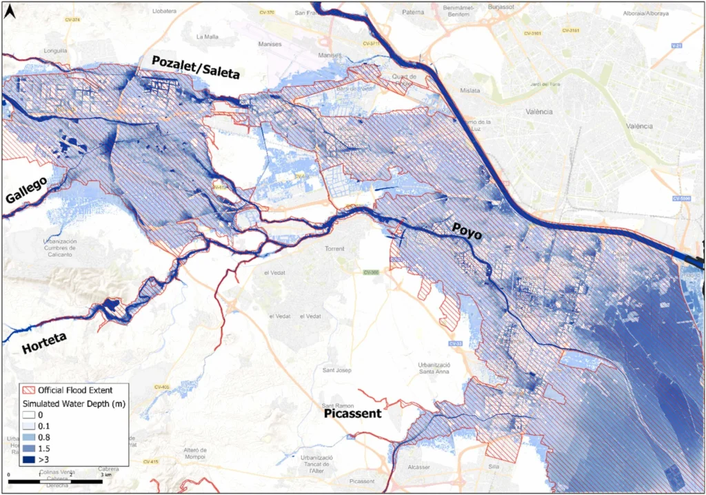 Las crecidas simultáneas de varios barrancos agravaron la riada de 2024 en l’Horta Sud, según un estudio de la UPV 3 Mapa de l’Horta Sud con la profundidad del agua simulada en la inundación